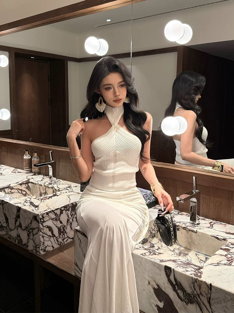 2 piece white knitted skirt and long skirt