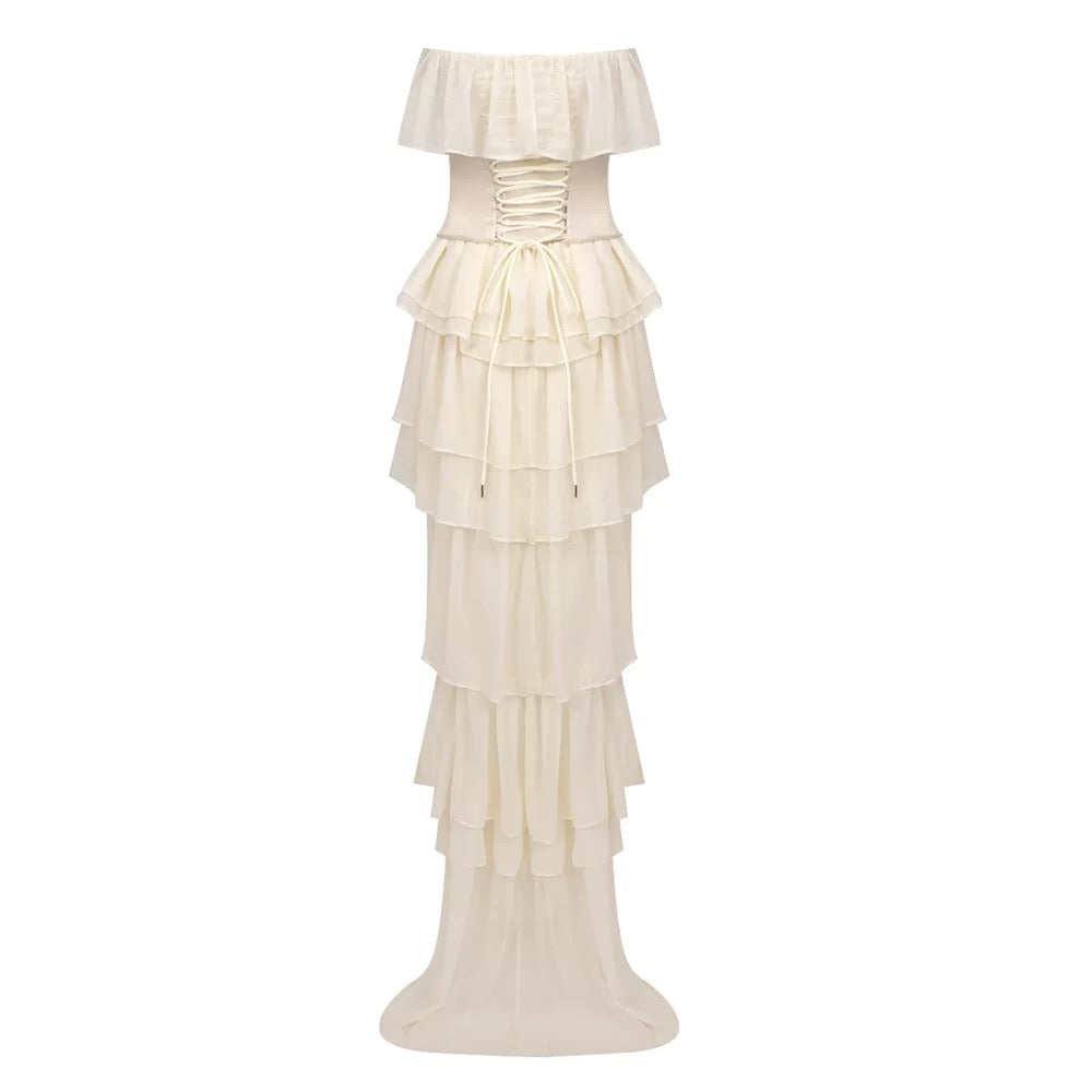 Off-Shoulder Ivory Corset-Back Ruffle Gown
