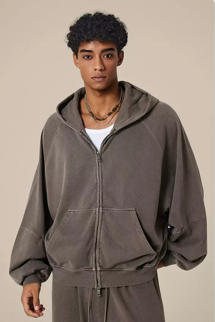 Unisex Vintage Washed Zip-Up Hoodie Set – OOTD Essentials