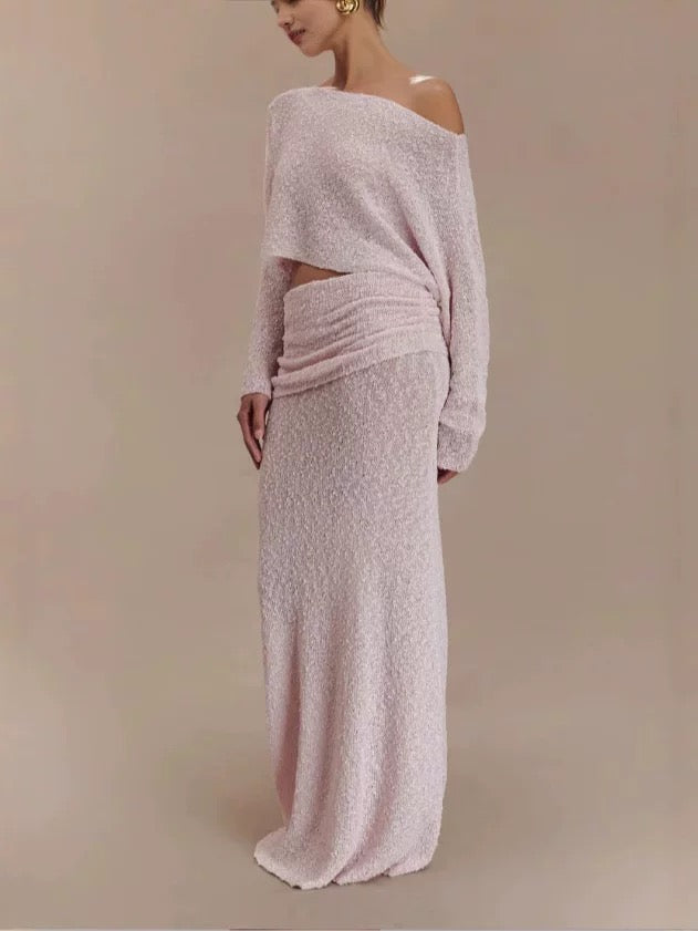 Textured Knit Co-ord Set – Crop Top & Maxi Skirt (Pink / Light Yellow)