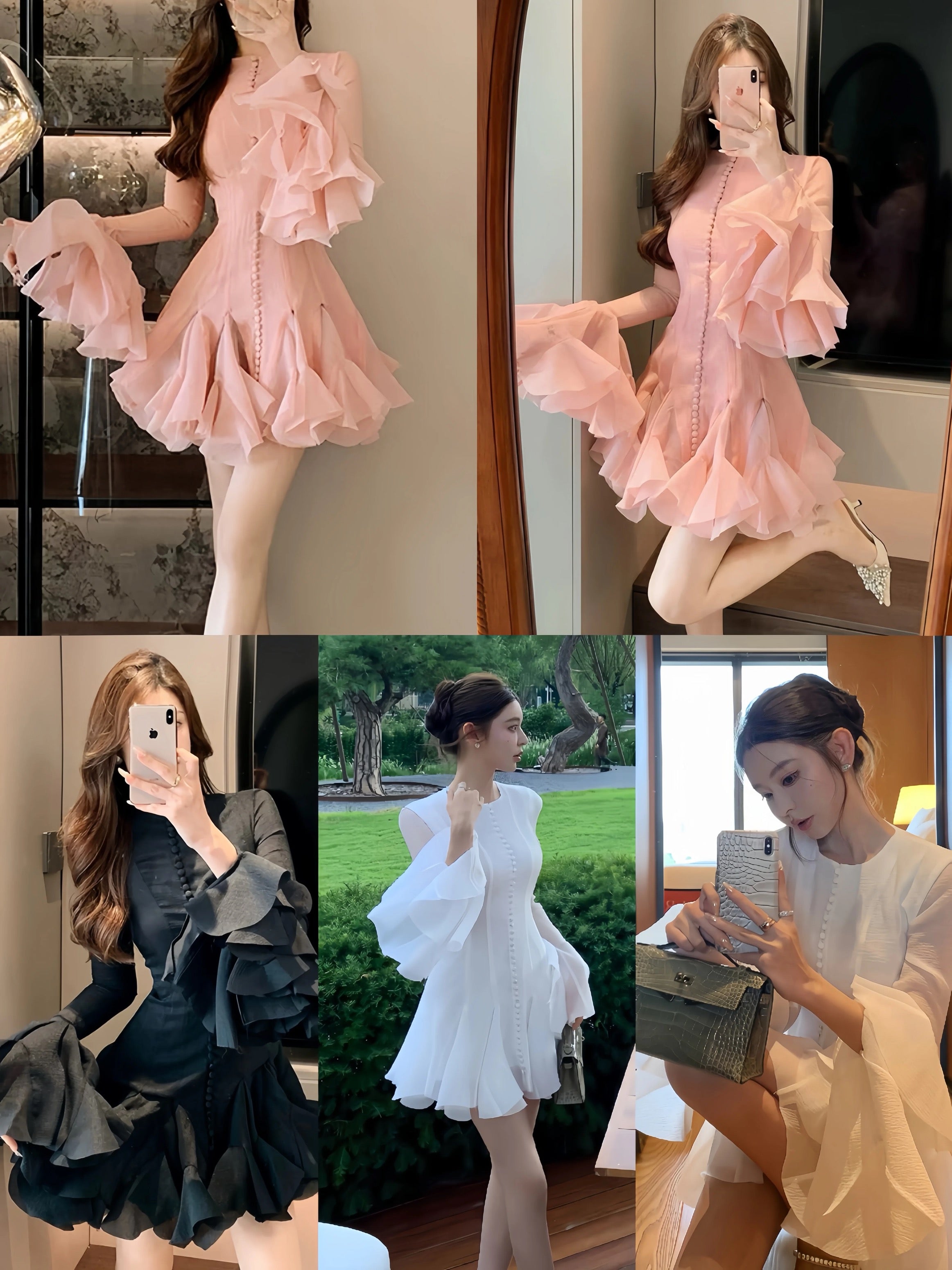 Elegant Long-Sleeve Ruffle Hem Dress – Pink, Red, Black & White