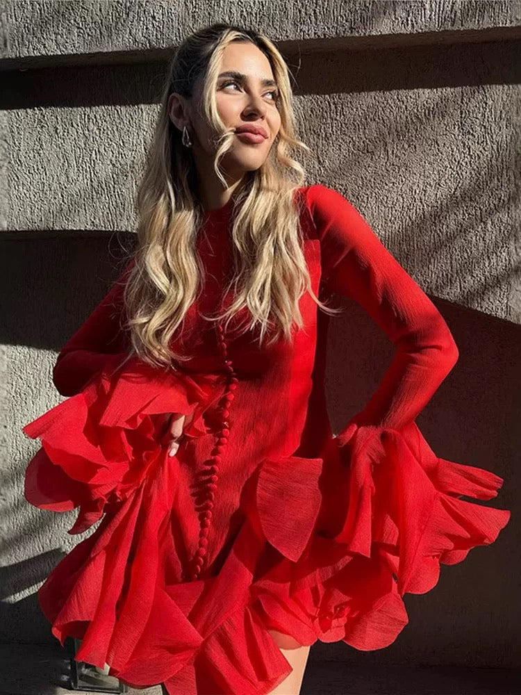 Elegant Long-Sleeve Ruffle Hem Dress – Pink, Red, Black & White