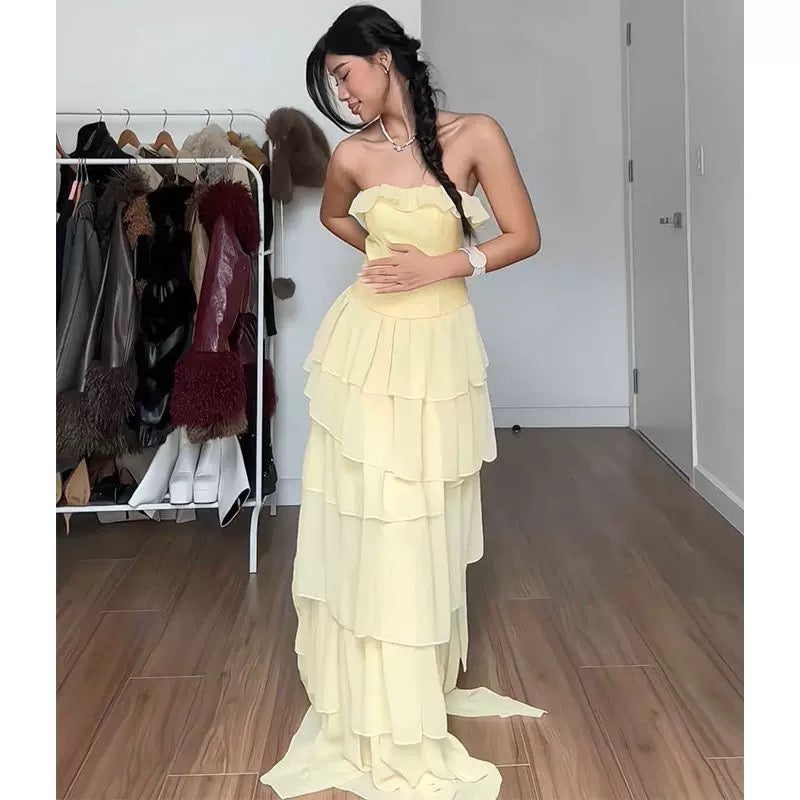 Strapless Yellow Layered Maxi Dress