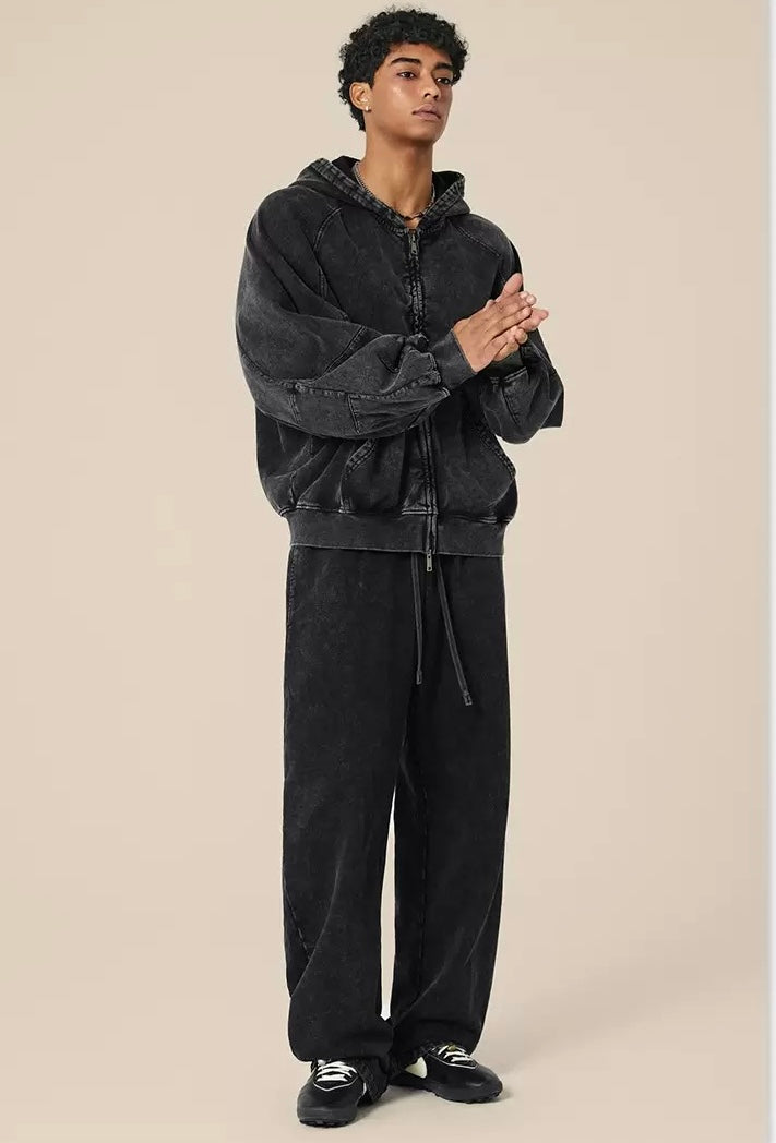 Unisex Vintage Washed Zip-Up Hoodie Set – OOTD Essentials