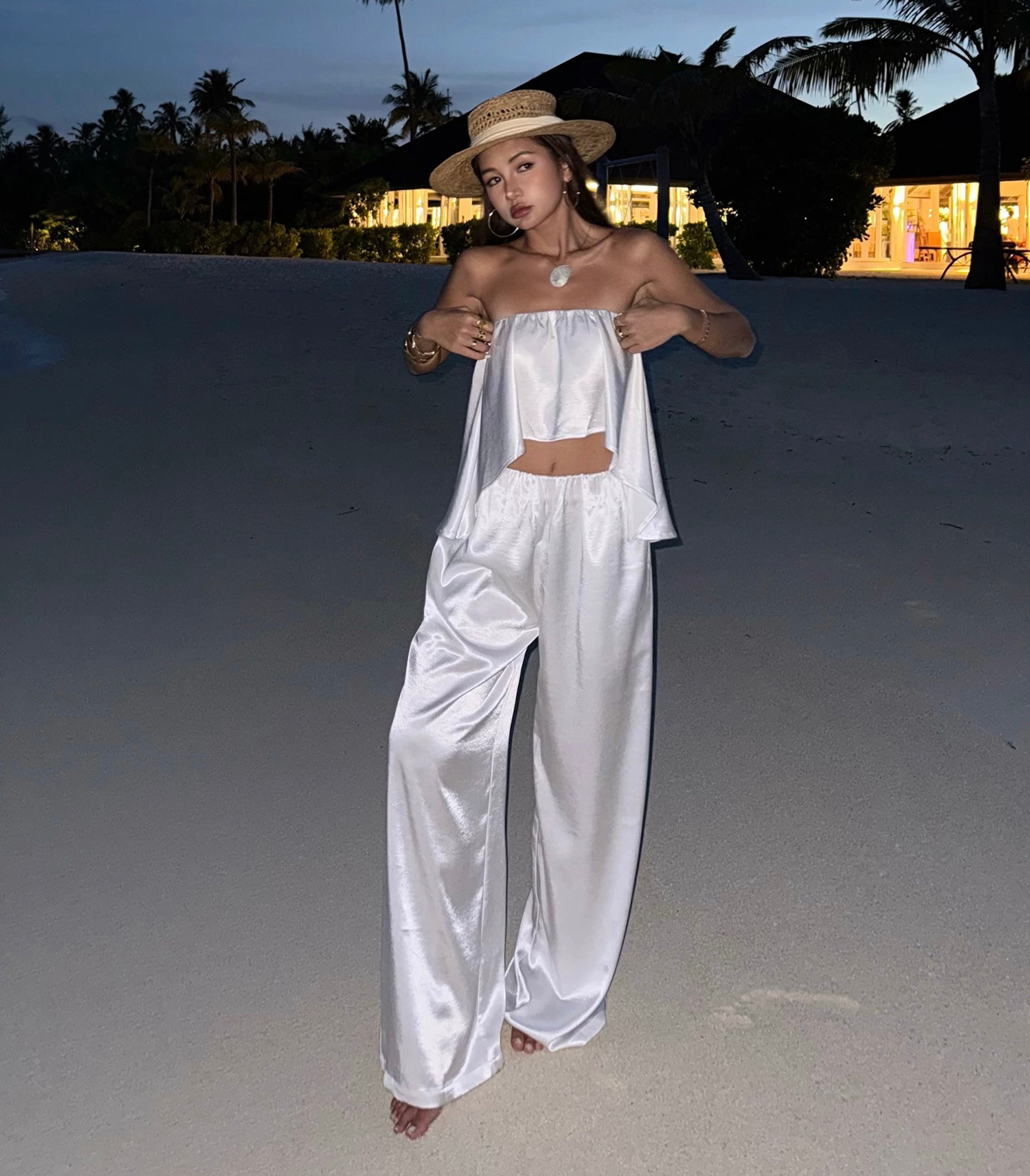 High-End White Satin Two-Piece Suit – Summer Top & Draped Wide-Leg Trousers