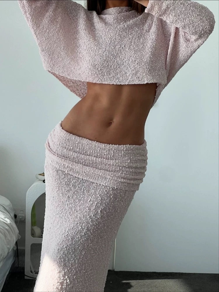 Textured Knit Co-ord Set – Crop Top & Maxi Skirt (Pink / Light Yellow)