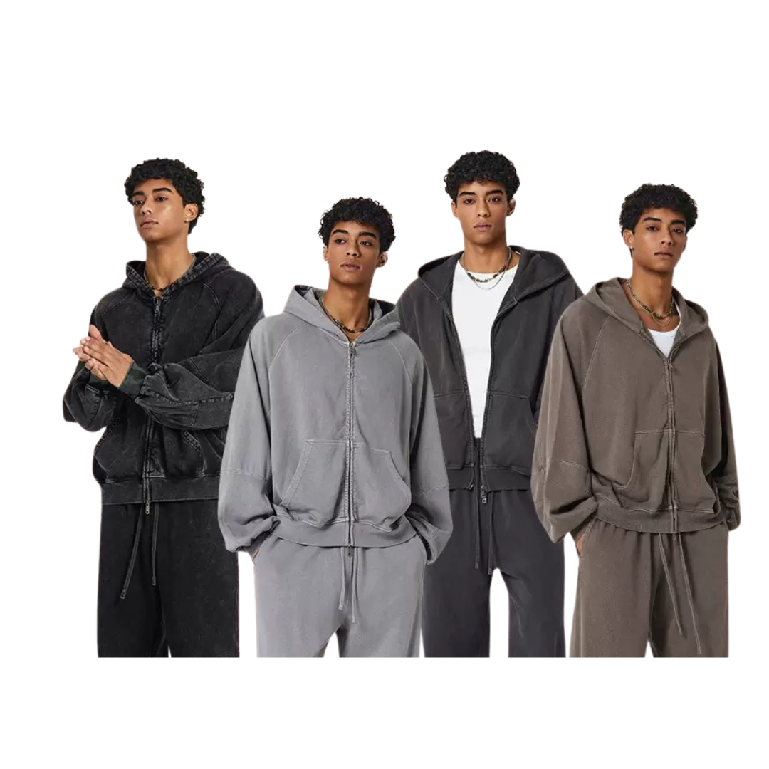 Unisex Vintage Washed Zip-Up Hoodie Set – OOTD Essentials