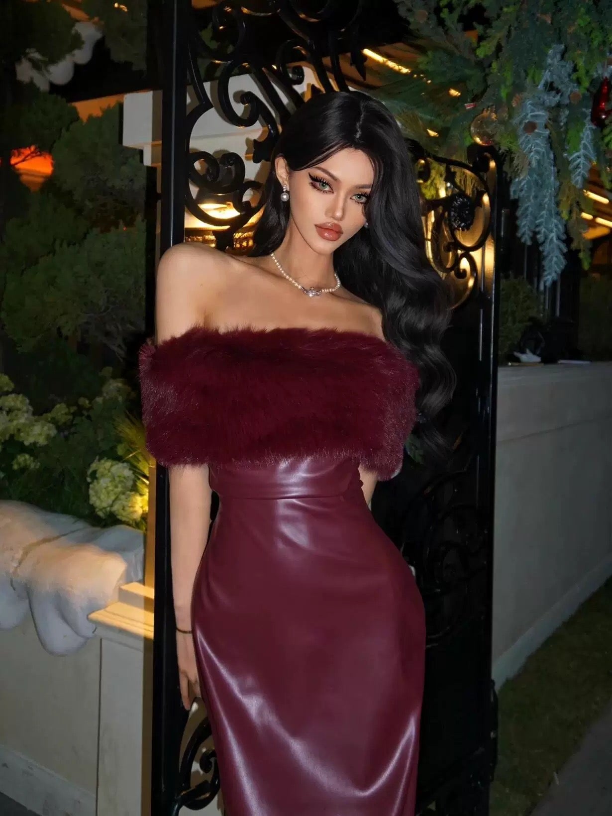 Red Off-Shoulder Leather Dress with Fur Trim – Holiday Glam Edition