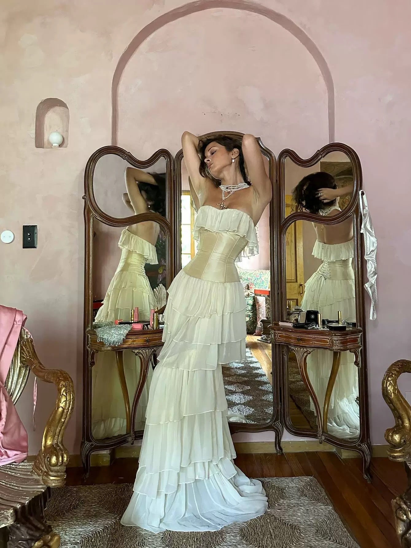 Off-Shoulder Ivory Corset-Back Ruffle Gown