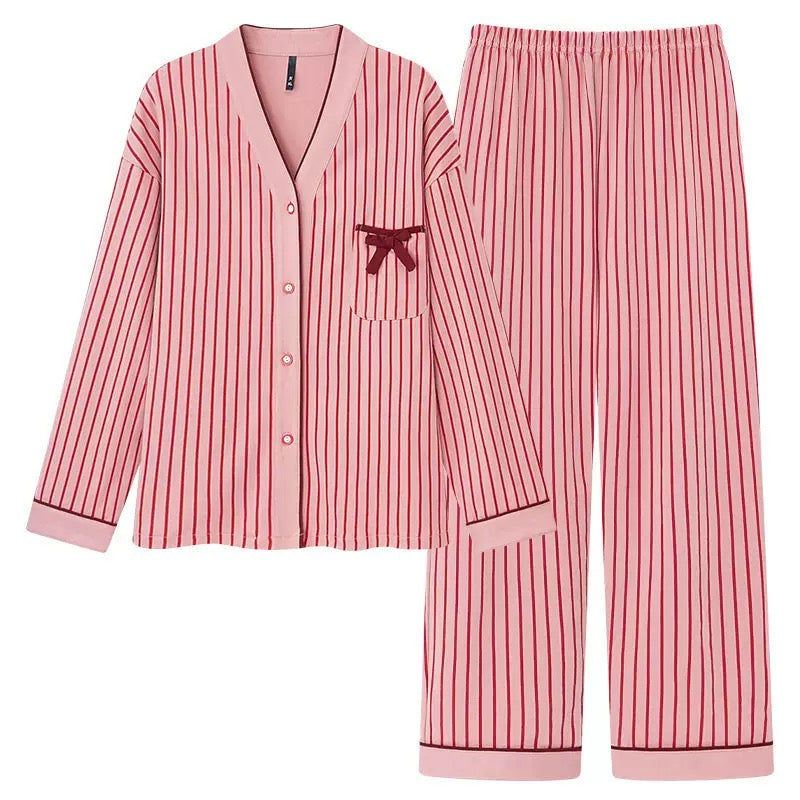 Cozy Pink Striped Cotton Pajama Set with Bow Detail – Soft Long-Sleeve Button-Up PJs