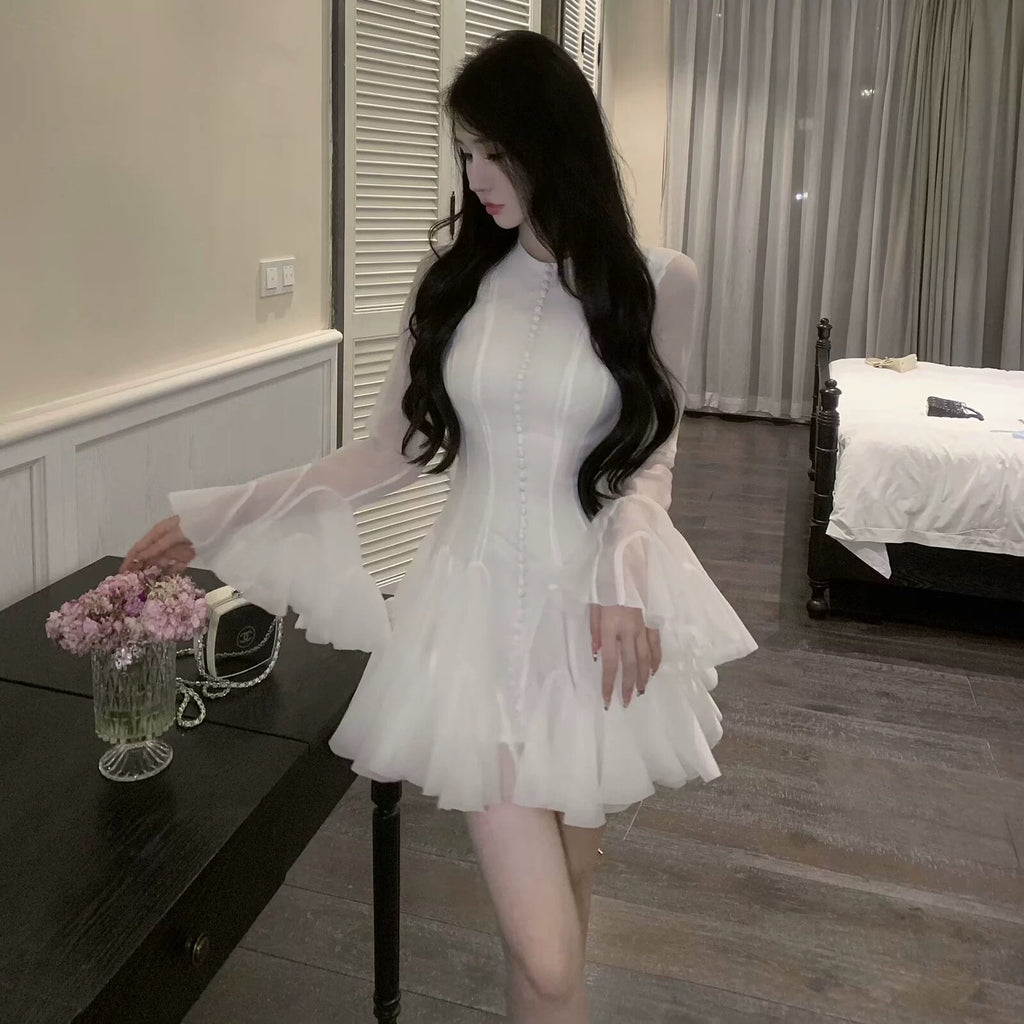 Elegant Long-Sleeve Ruffle Hem Dress – Pink, Red, Black & White