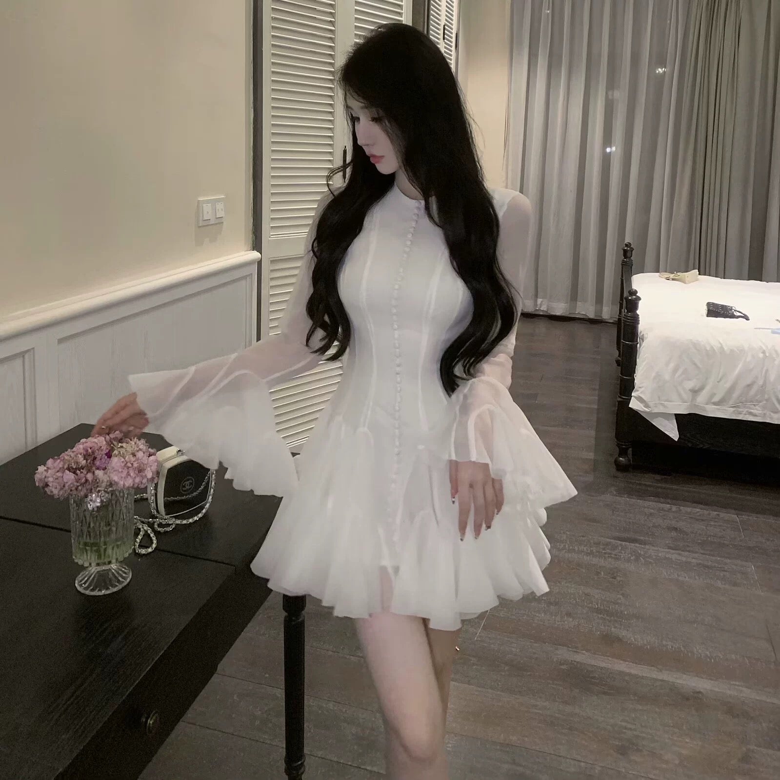 Elegant Long-Sleeve Ruffle Hem Dress – Pink, Red, Black & White