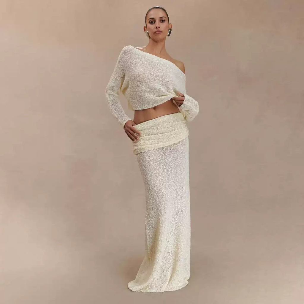 Textured Knit Co-ord Set – Crop Top & Maxi Skirt (Pink / Light Yellow)