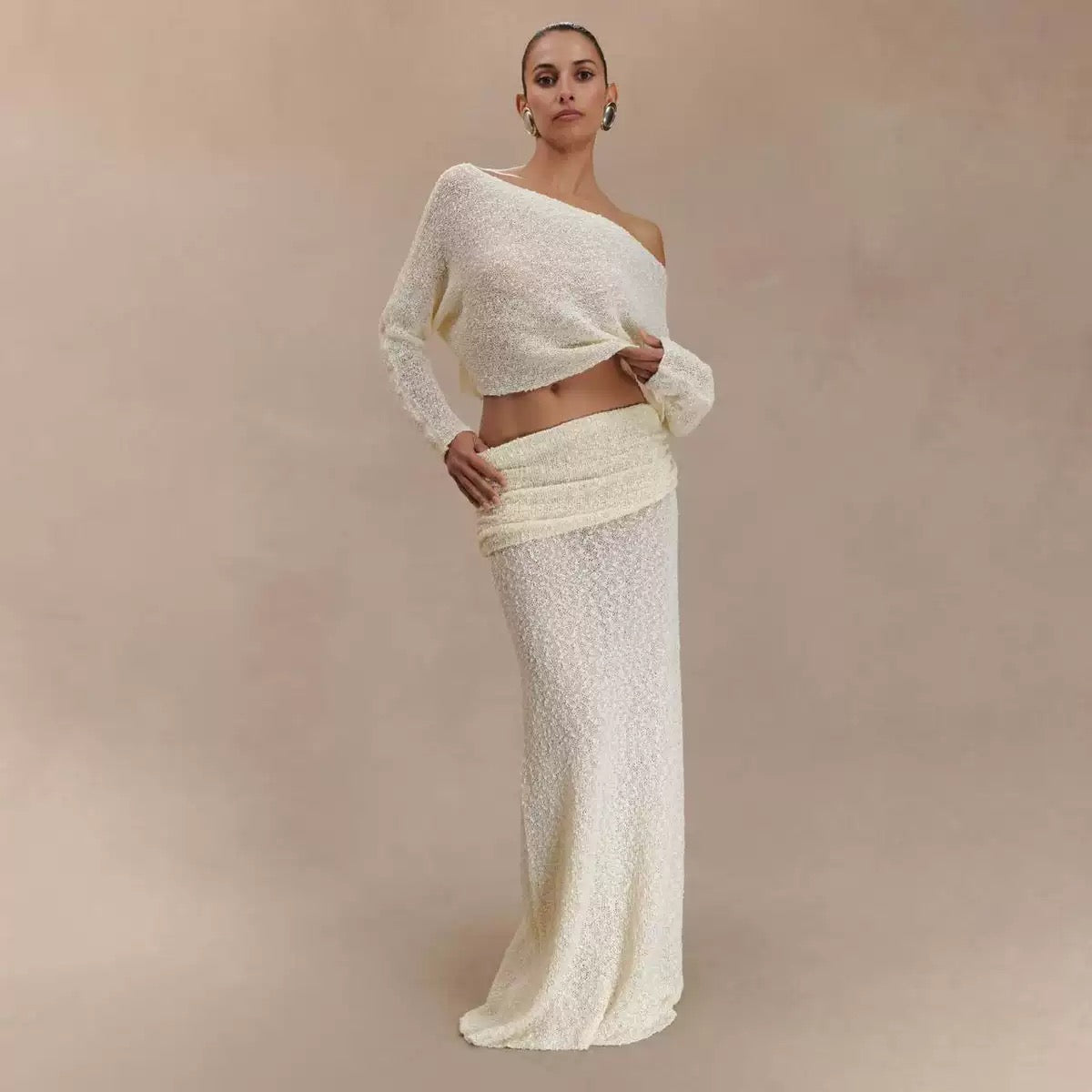 Textured Knit Co-ord Set – Crop Top & Maxi Skirt (Pink / Light Yellow)
