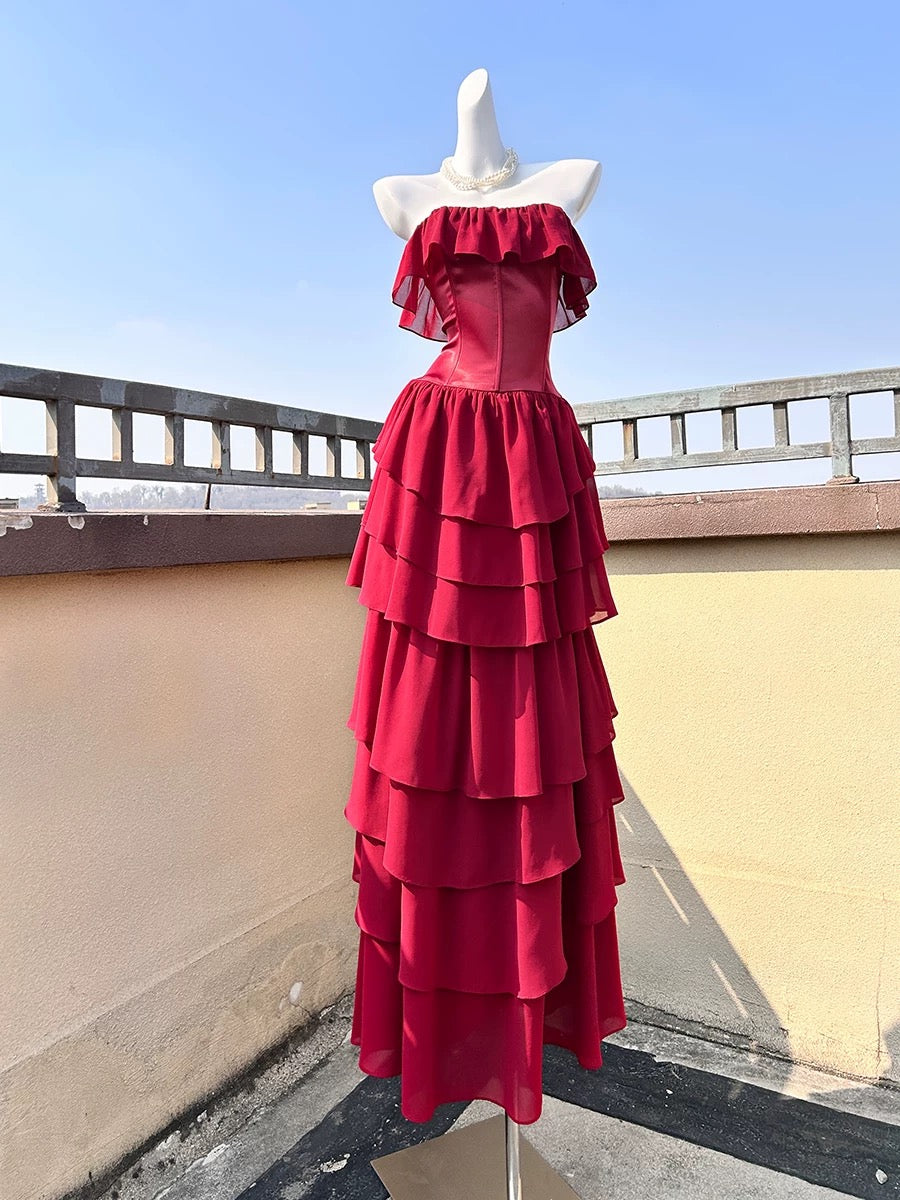 Off-Shoulder Red Tiered Ruffle Evening Gown