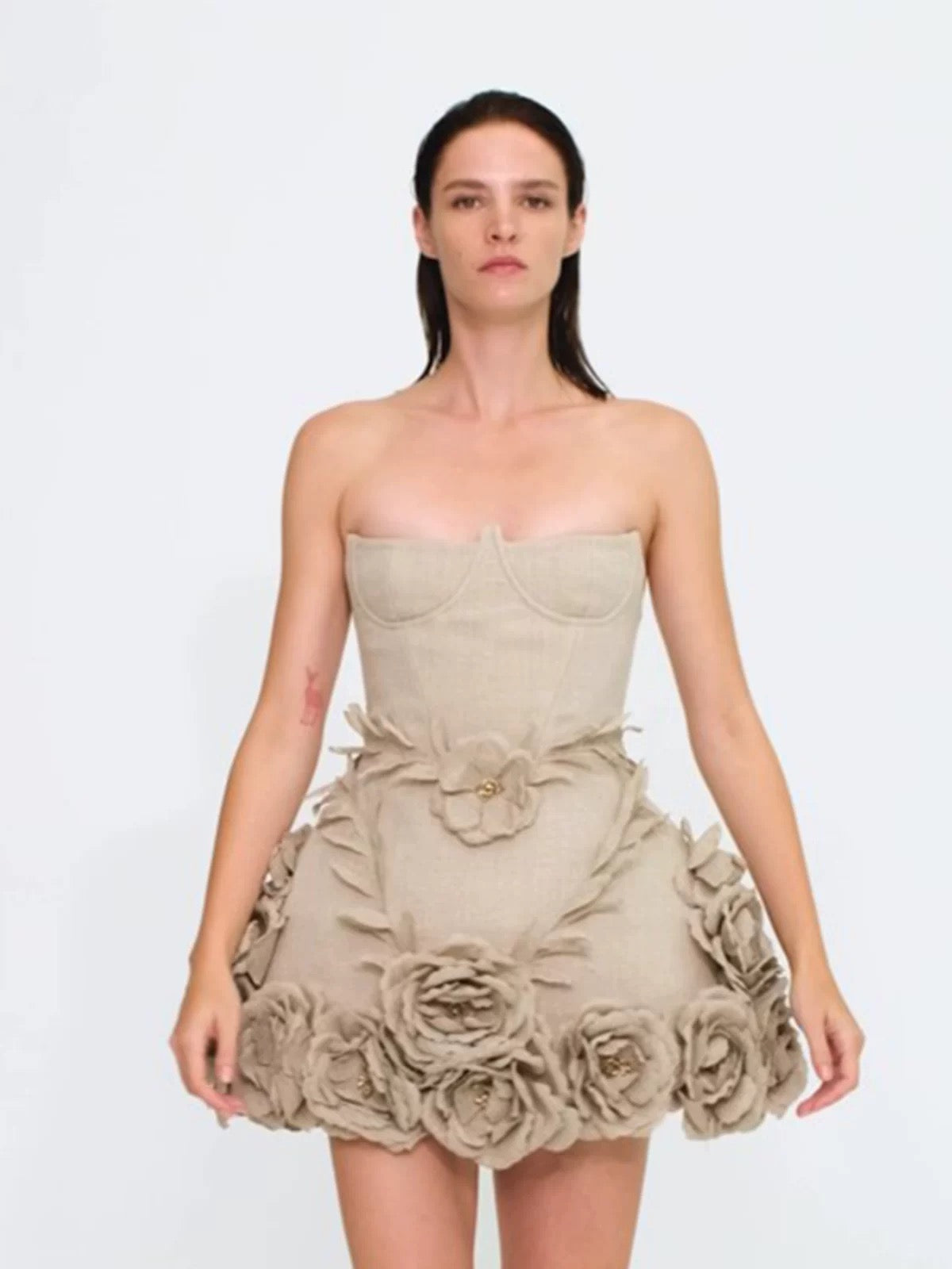Beige Off-Shoulder Mini Dress with Floral Ruffle Detail