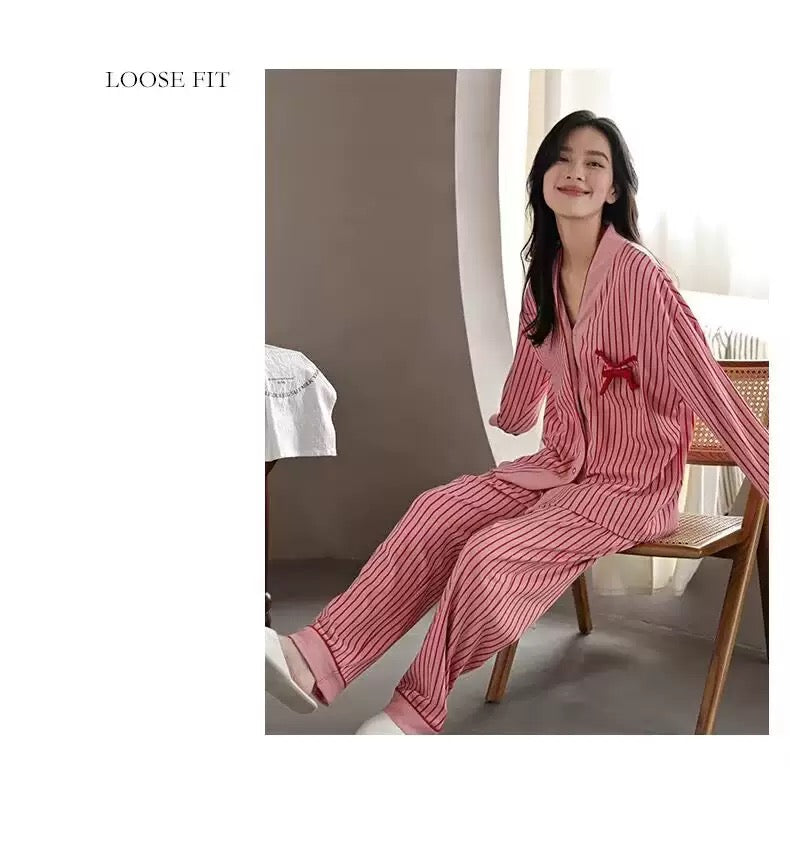 Cozy Pink Striped Cotton Pajama Set with Bow Detail – Soft Long-Sleeve Button-Up PJs