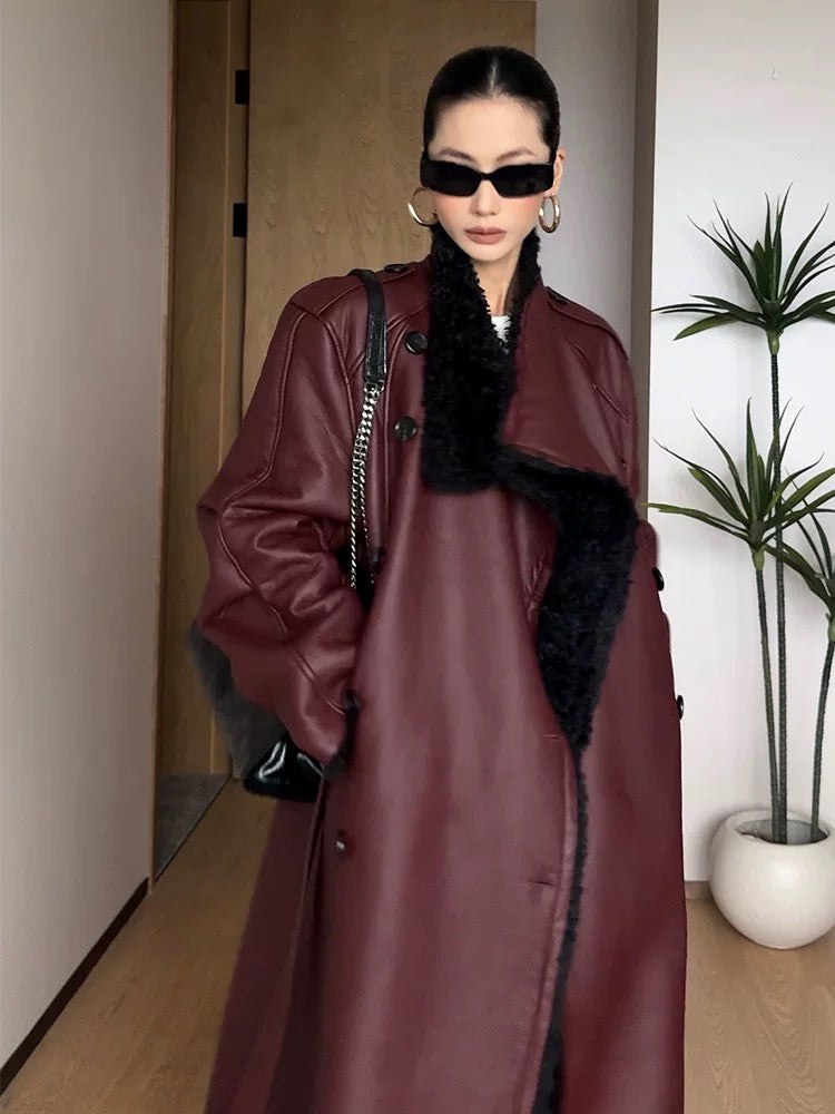 Luxury Oversized Burgundy Leather Trench Coat with Shearling Collar – Premium Winter Statement Piece