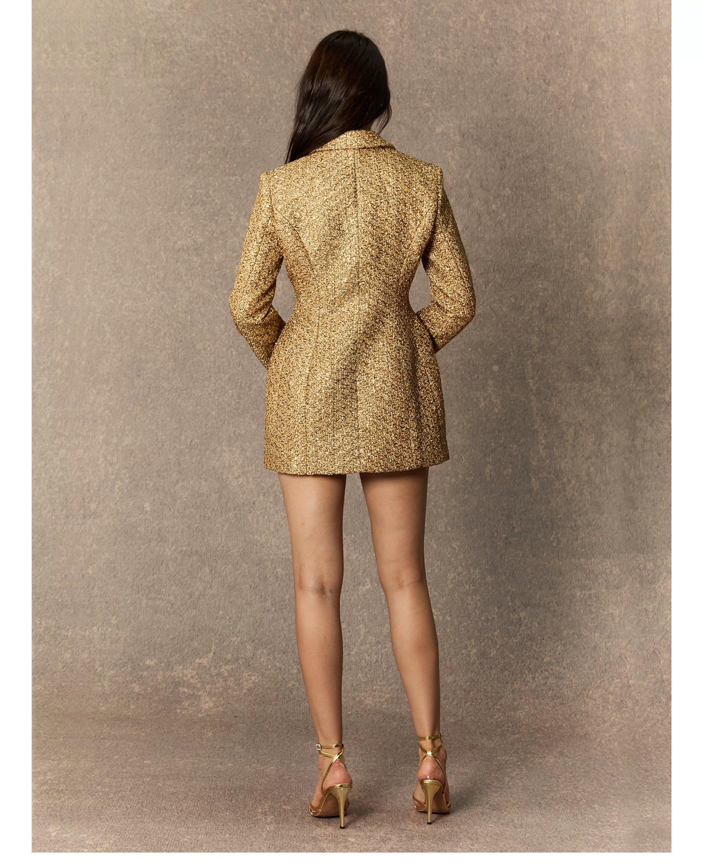 Golden Glamour Sequin Tweed Blazer Dress