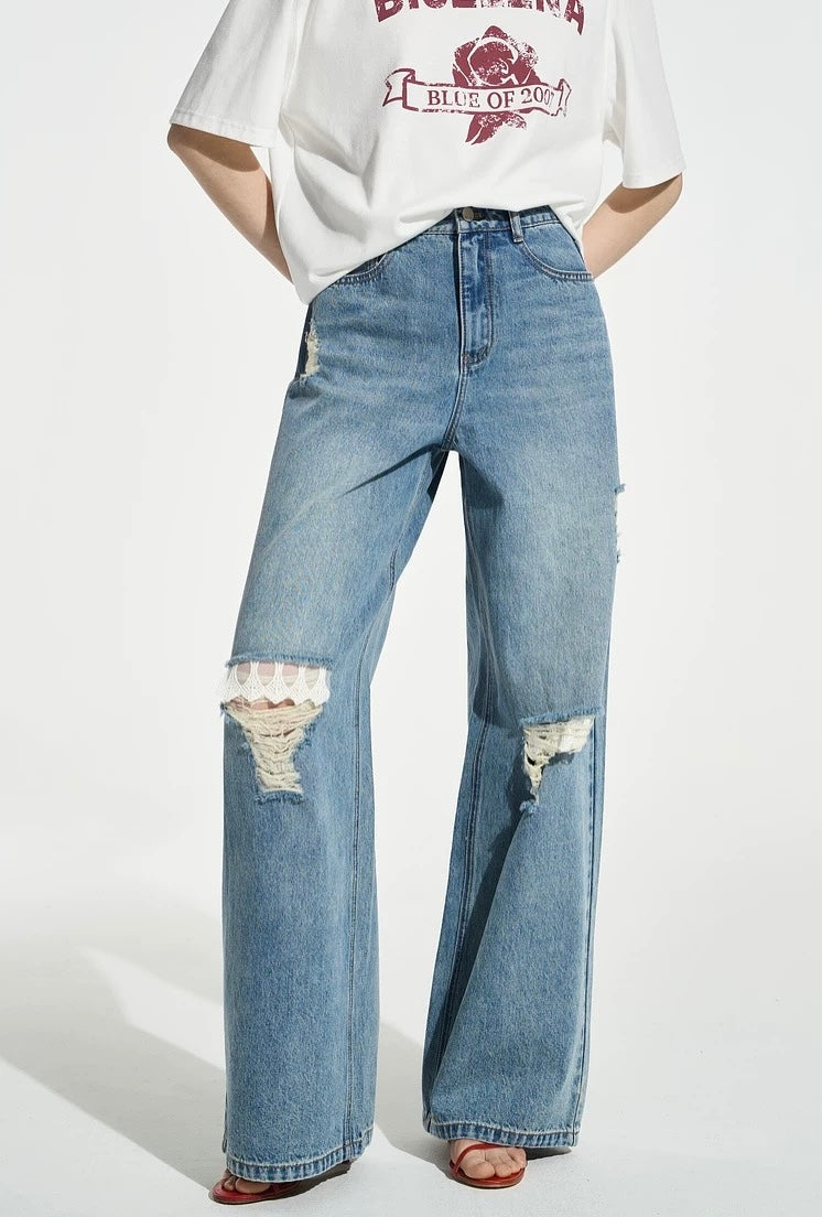 Women’s Distressed Ripped Jeans – Faded Blue & White