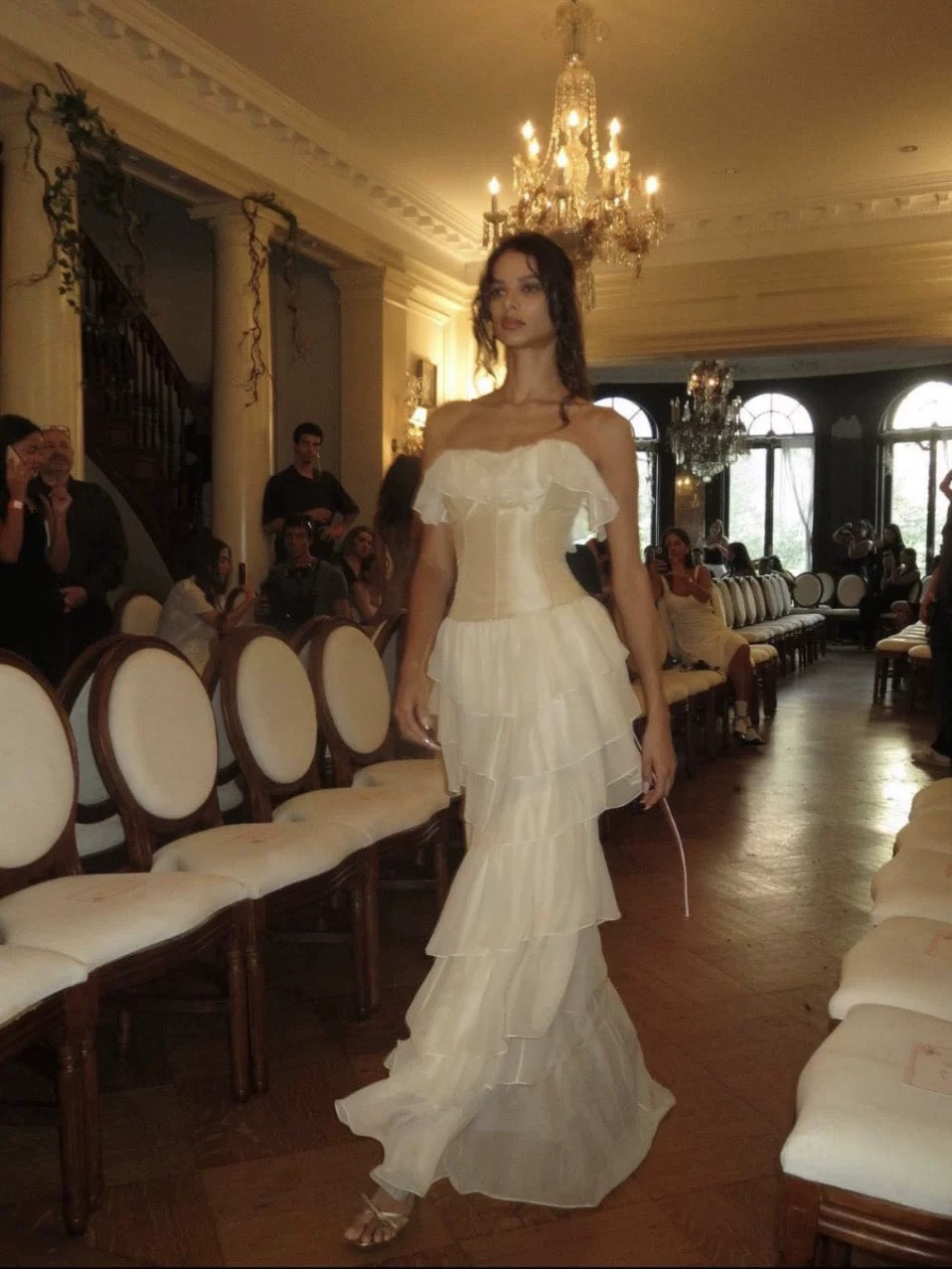 Off-Shoulder Ivory Corset-Back Ruffle Gown
