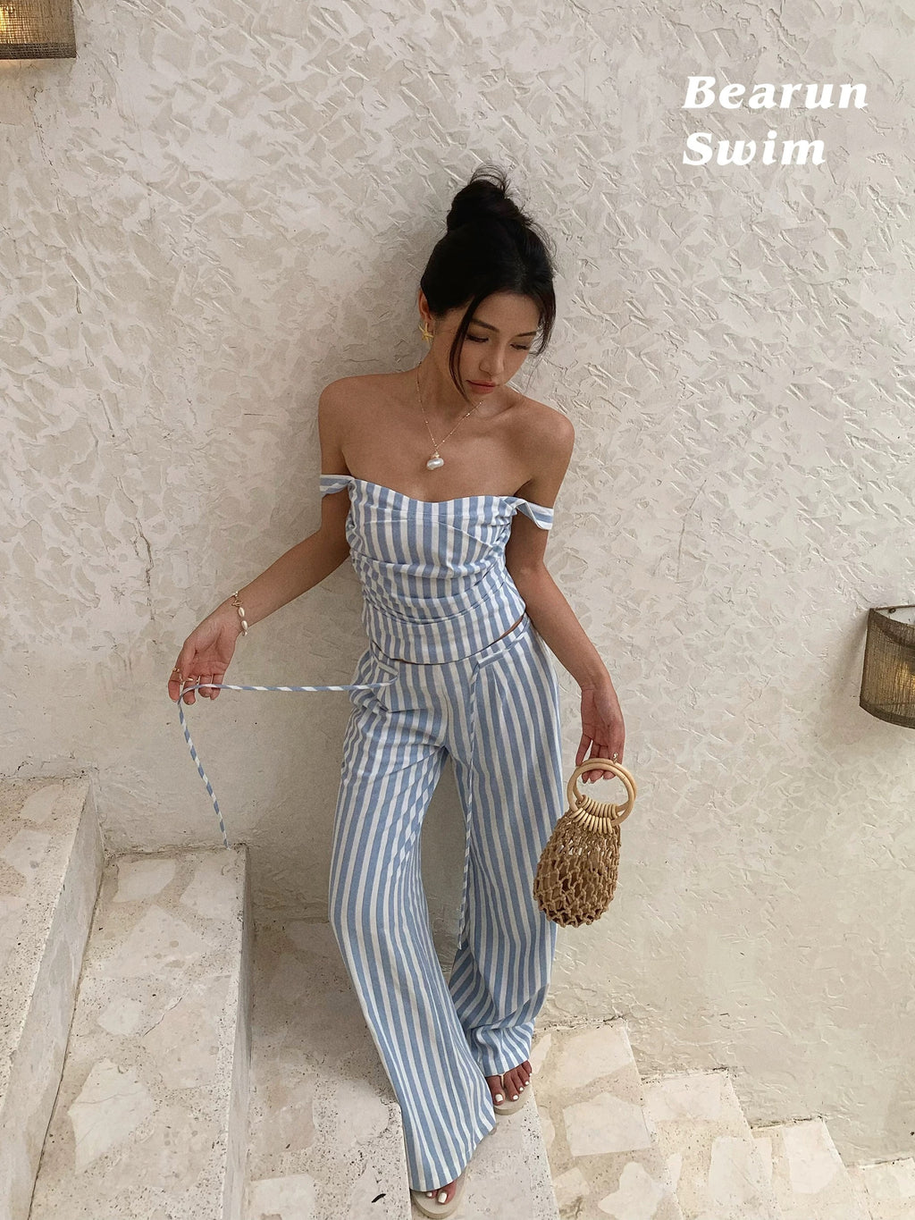 Blue & White Striped Off-Shoulder Two-Piece Set