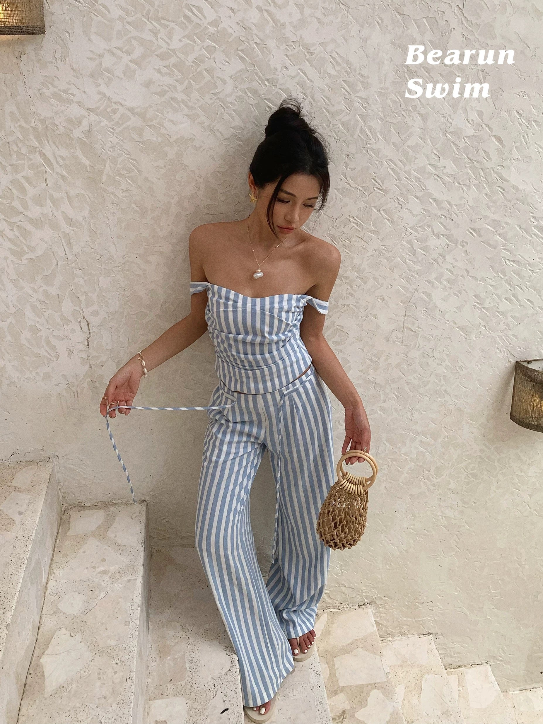 Blue & White Striped Off-Shoulder Two-Piece Set
