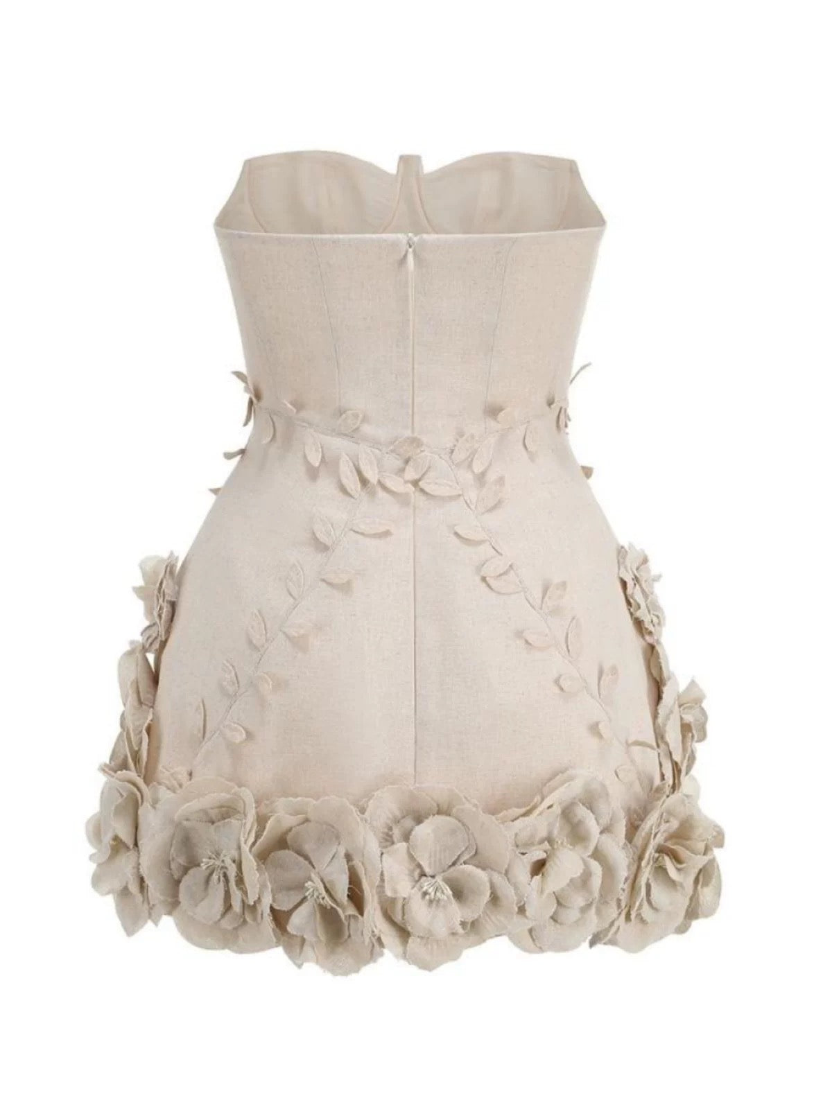 Beige Off-Shoulder Mini Dress with Floral Ruffle Detail