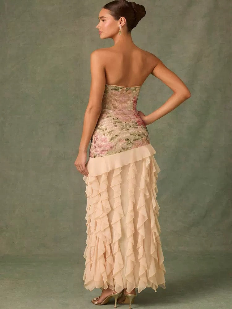 Bandeau Ruffle Slit pink  Dress – Elegant Bodycon Evening Gown