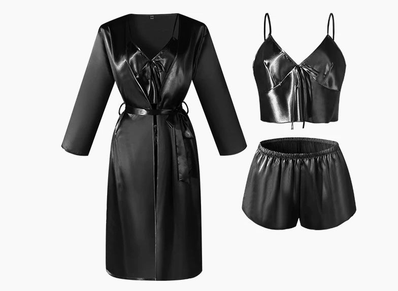 Summer New Sexy Suspender Shorts Three-piece Set Women's Ice Silk Pajama Set Homewear