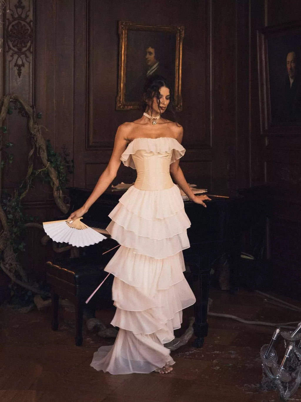 Off-Shoulder Ivory Corset-Back Ruffle Gown