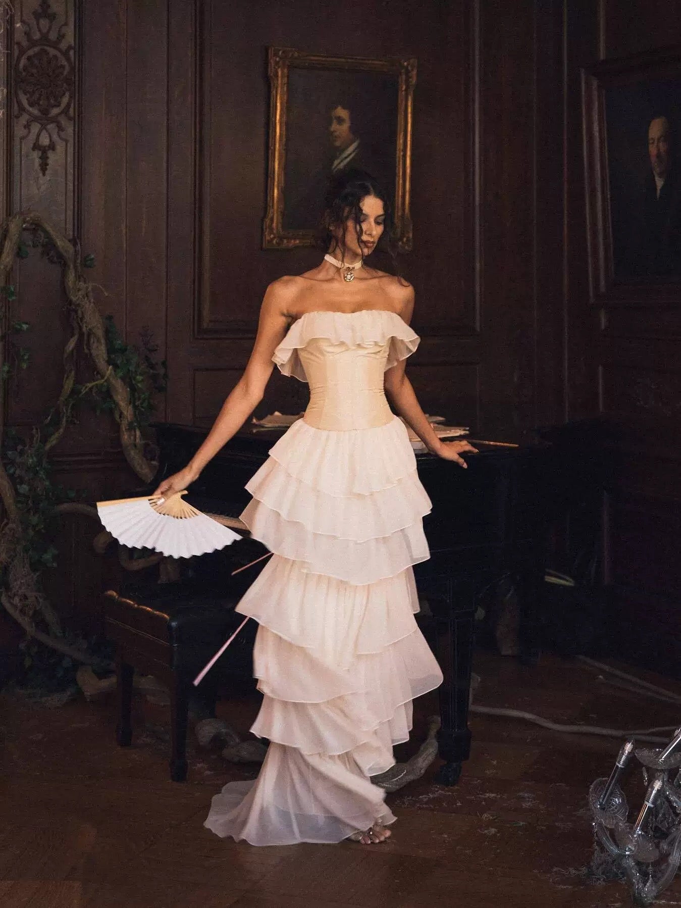 Off-Shoulder Ivory Corset-Back Ruffle Gown