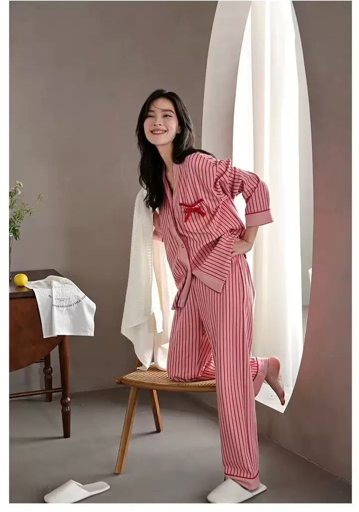 Cozy Pink Striped Cotton Pajama Set with Bow Detail – Soft Long-Sleeve Button-Up PJs