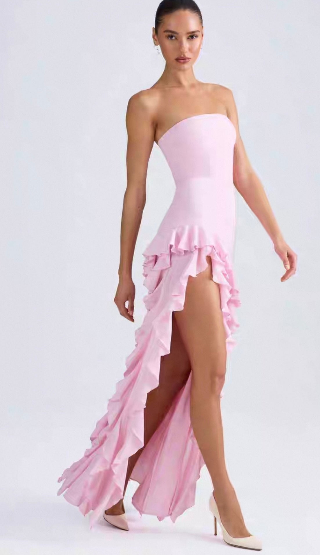 Bandeau Ruffle Slit pink  Dress – Elegant Bodycon Evening Gown