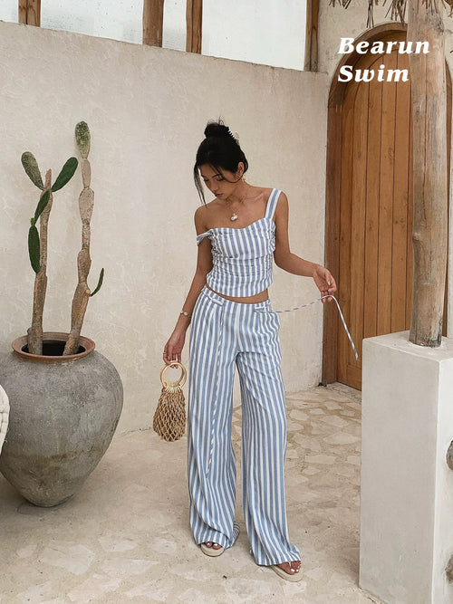 Blue & White Striped Off-Shoulder Two-Piece Set