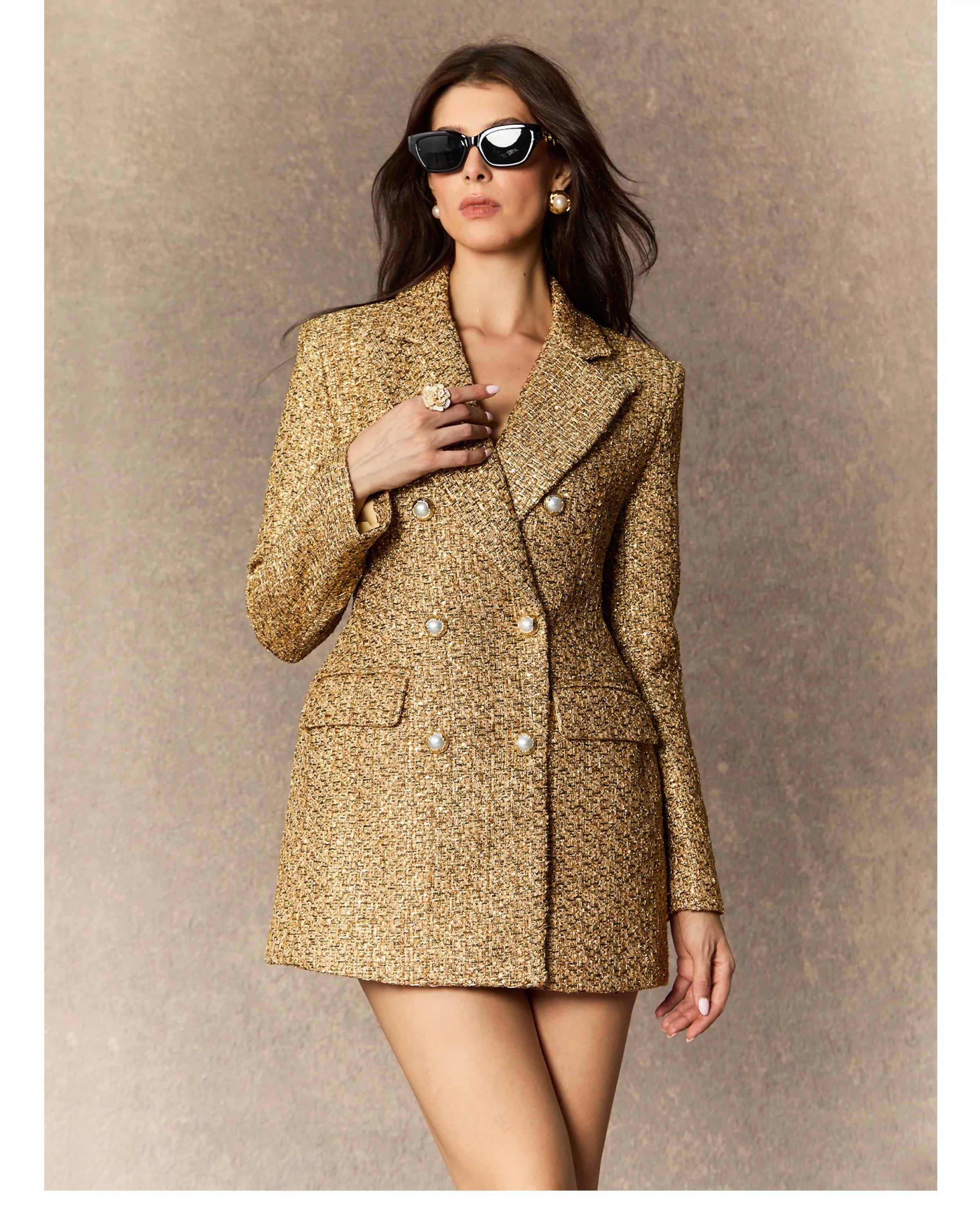 Golden Glamour Sequin Tweed Blazer Dress