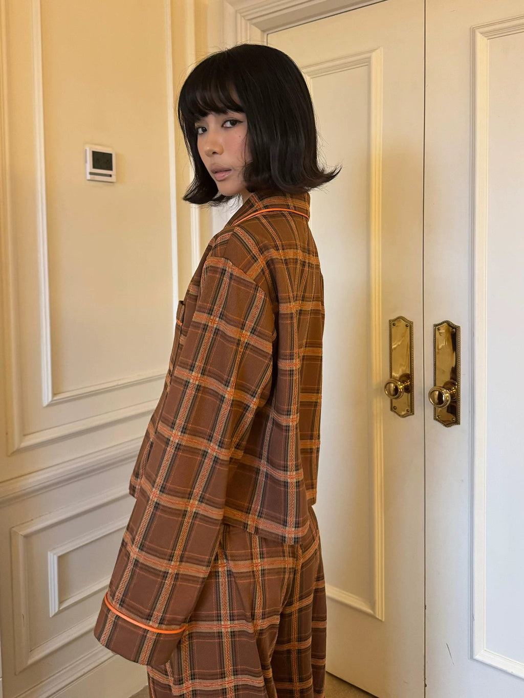 Cozy Christmas Plaid Pajama Set – Brown Sugar Tartan Crop Shirt & Wide-Leg Pants