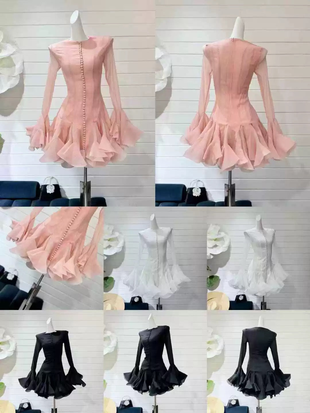 Elegant Long-Sleeve Ruffle Hem Dress – Pink, Red, Black & White