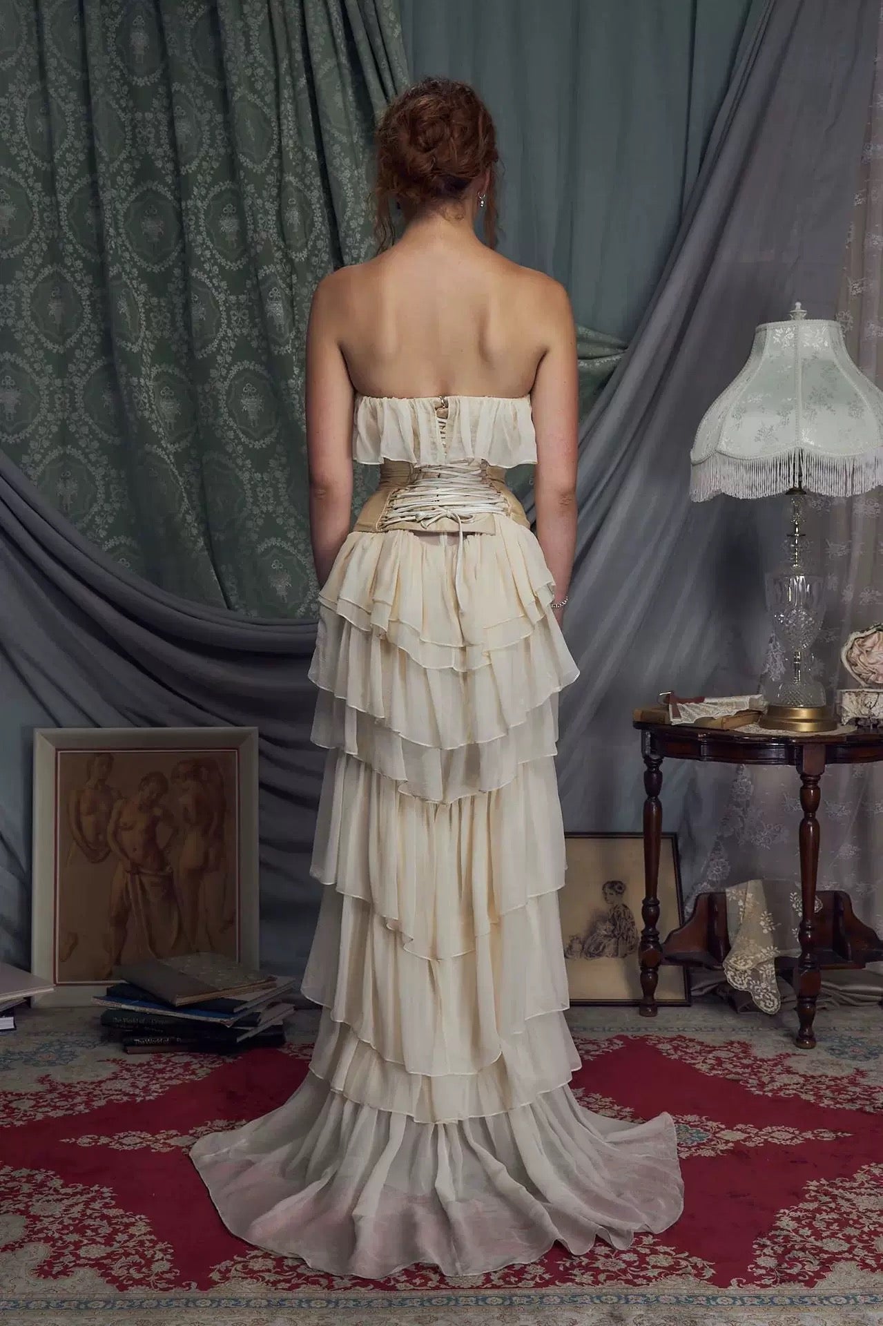 Off-Shoulder Ivory Corset-Back Ruffle Gown
