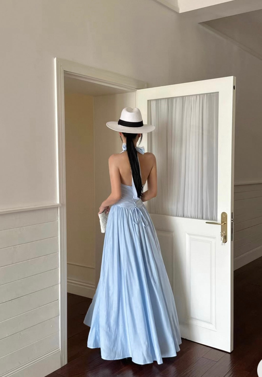 Blue French Striped Lace Halter Jumpsuit & High Waist Backless Maxi Skirt Set