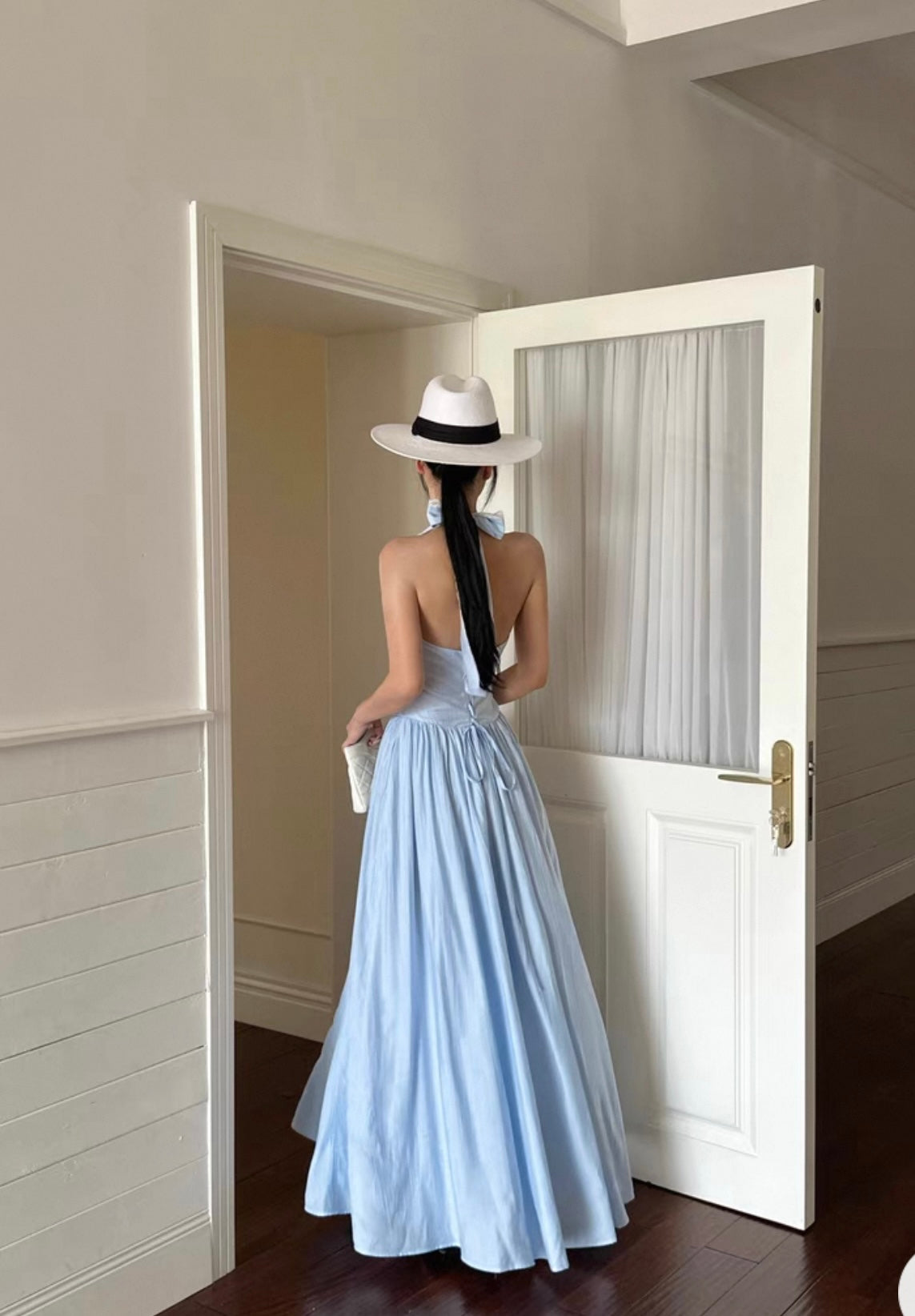 Blue French Striped Lace Halter Jumpsuit & High Waist Backless Maxi Skirt Set