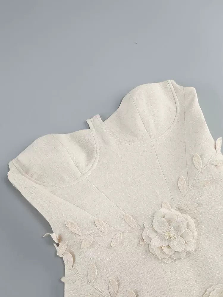 Beige Off-Shoulder Mini Dress with Floral Ruffle Detail