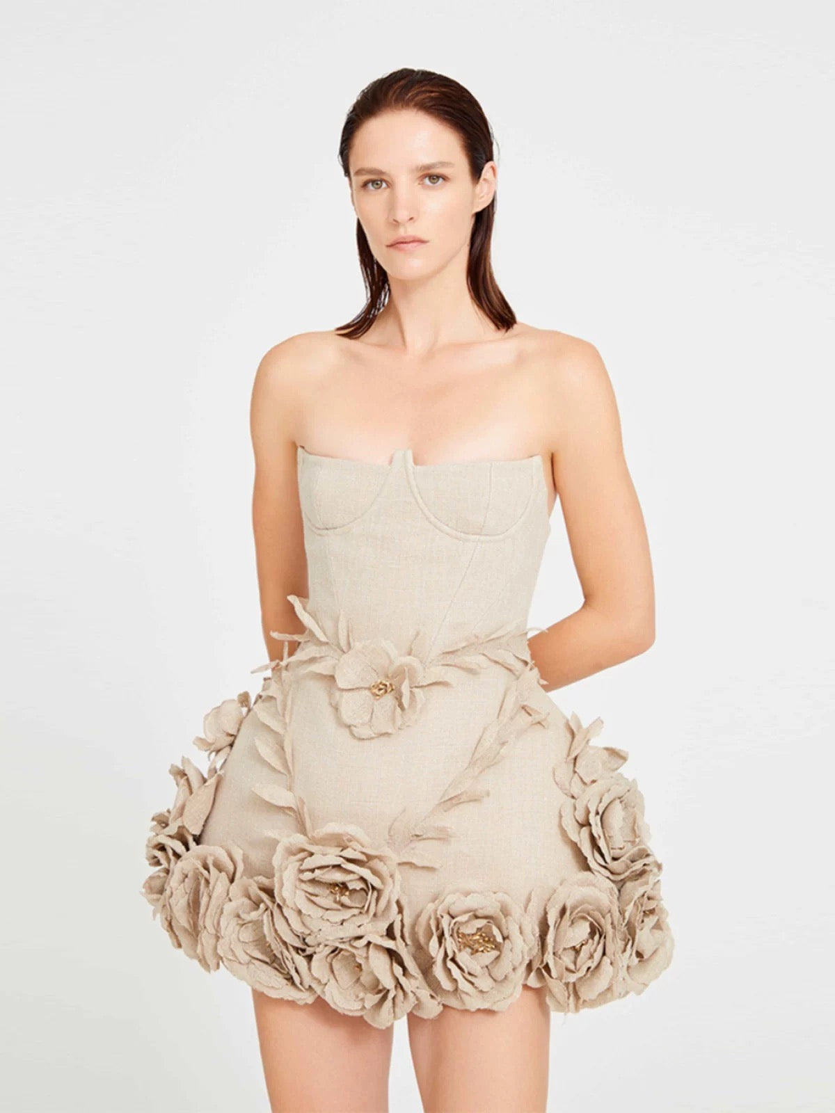Beige Off-Shoulder Mini Dress with Floral Ruffle Detail