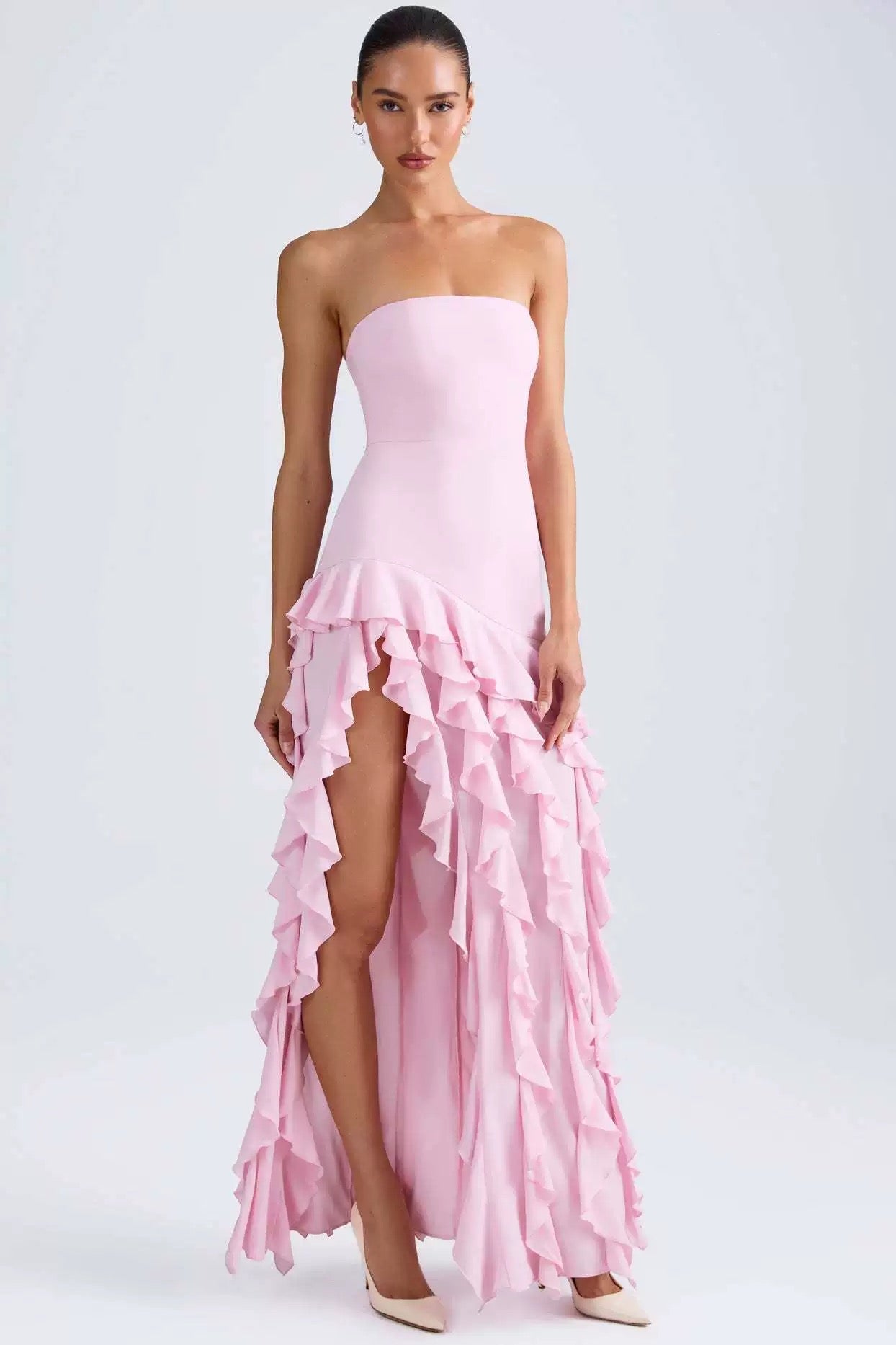 Bandeau Ruffle Slit pink  Dress – Elegant Bodycon Evening Gown