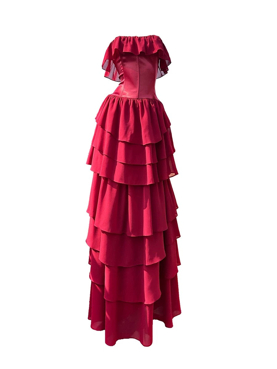 Off-Shoulder Red Tiered Ruffle Evening Gown