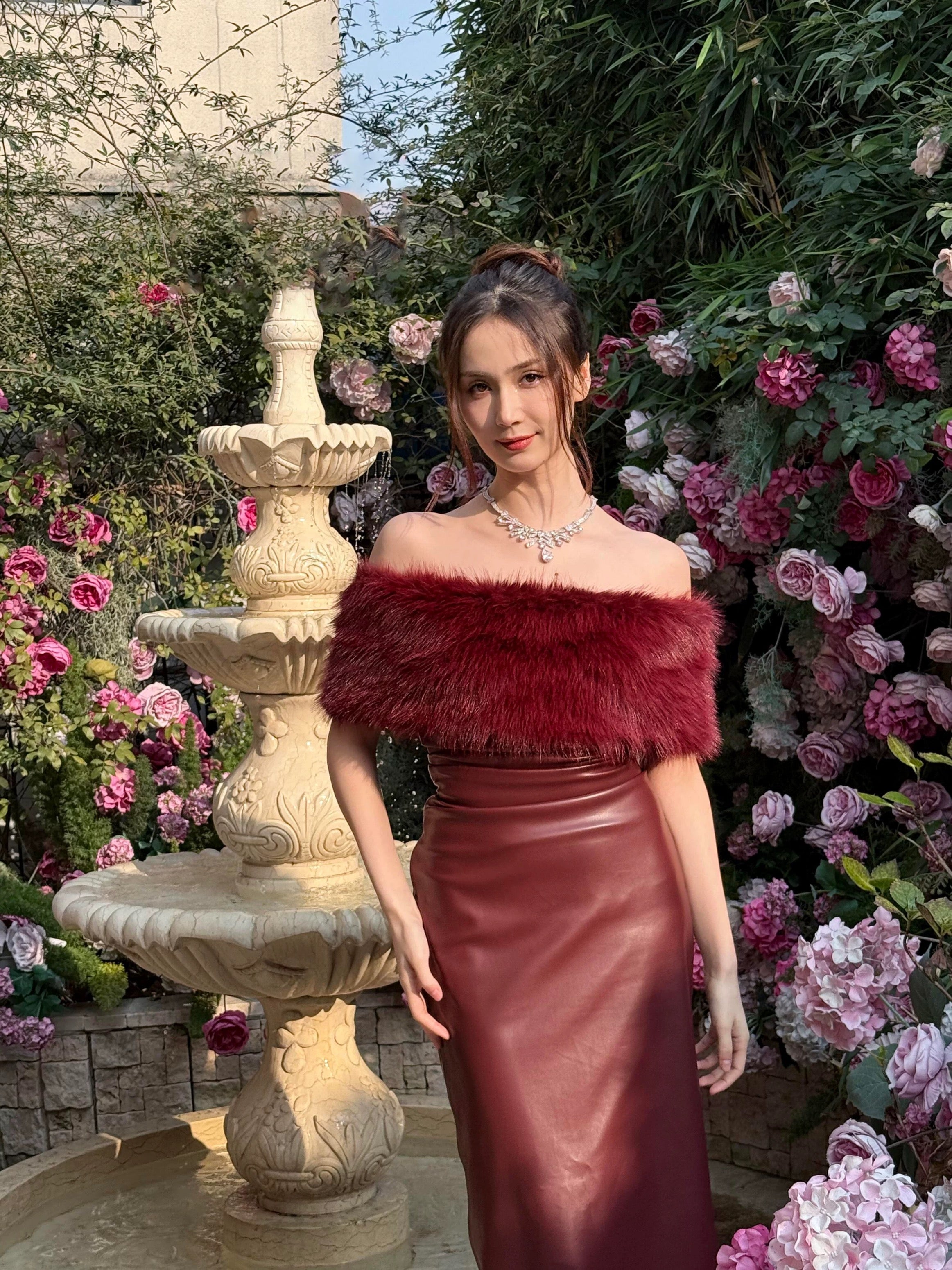 Red Off-Shoulder Leather Dress with Fur Trim – Holiday Glam Edition