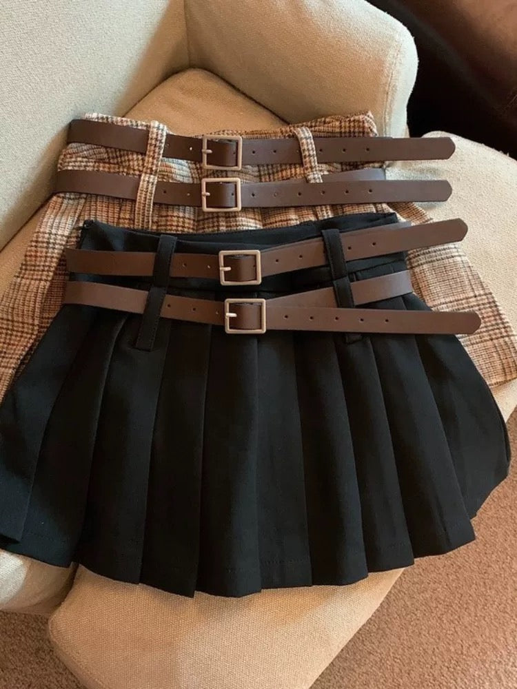 Plaid Pleated Mini Skirt with Double Belt Detail – Vintage Fall Aesthetic