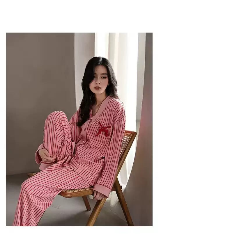 Cozy Pink Striped Cotton Pajama Set with Bow Detail – Soft Long-Sleeve Button-Up PJs