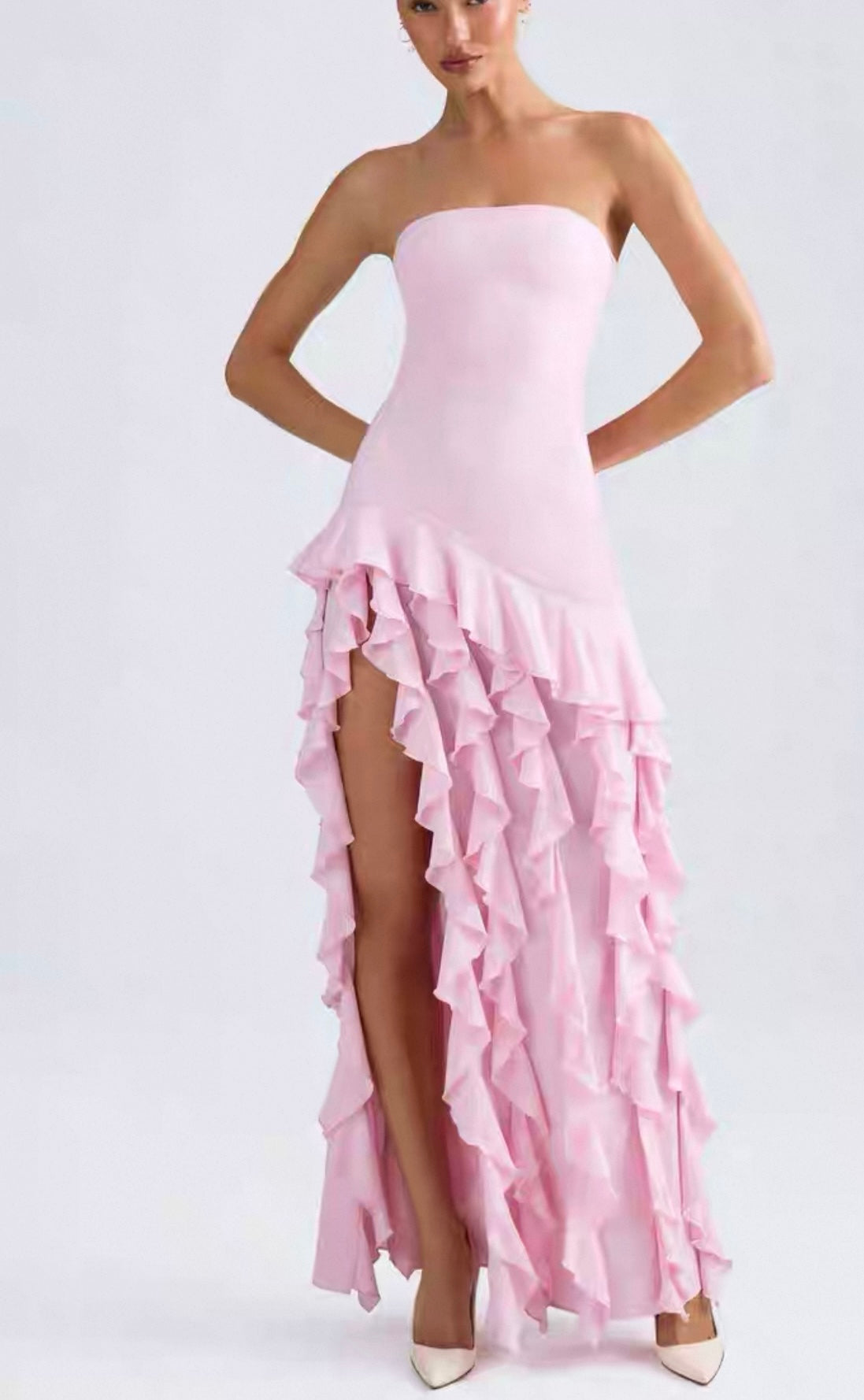Bandeau Ruffle Slit pink  Dress – Elegant Bodycon Evening Gown