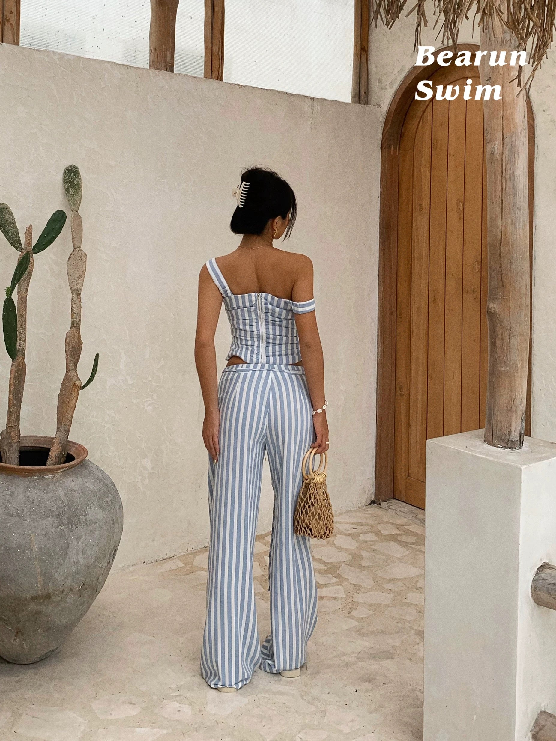 Blue & White Striped Off-Shoulder Two-Piece Set